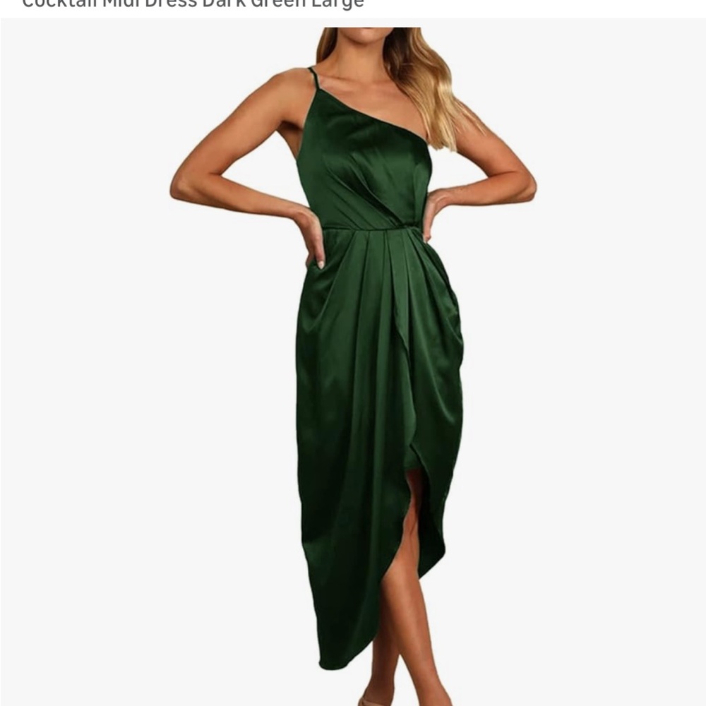 Women's Satin One Shoulder Ruched Wrap Split Hem Cocktail Midi Dress Dark Green